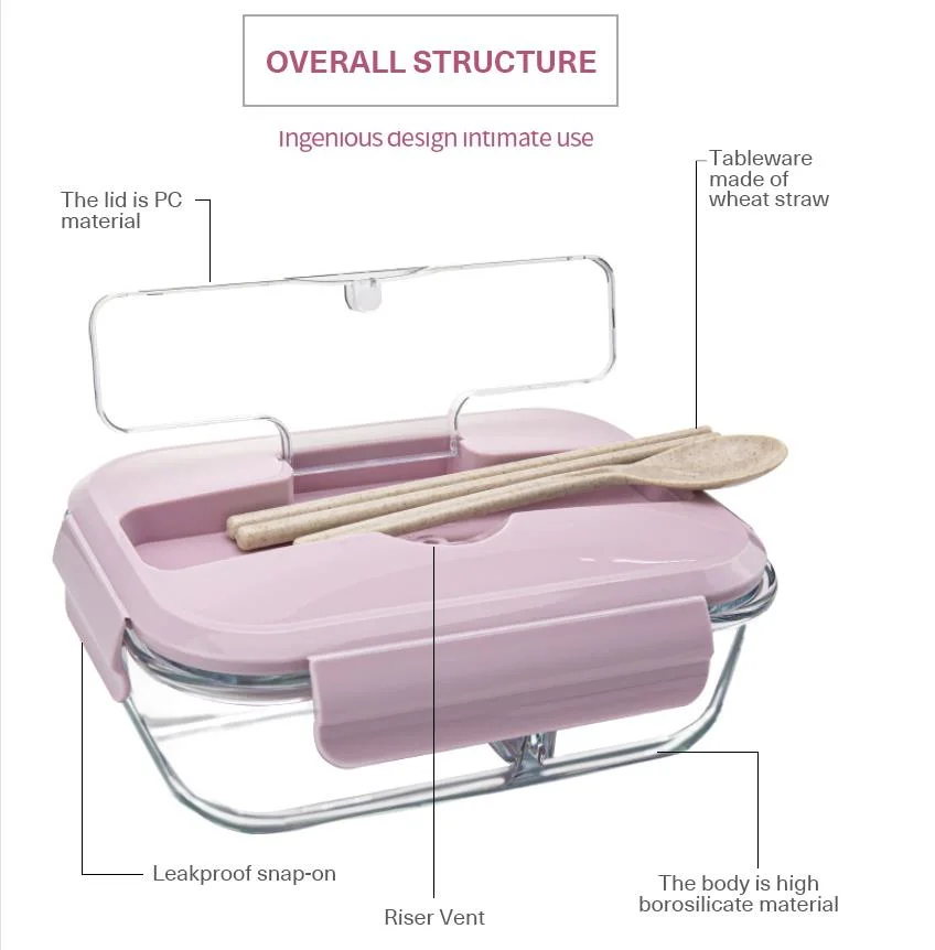 Customized Logo Heated Food Containers Bento Glass Lunch Box with Bamboo Lid