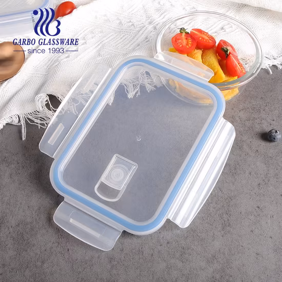 Fiambrera de cristal con forma rectangular redonda y cuadrada segura para horno microondas con tapa de bloqueo de PP