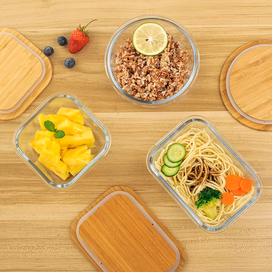 Fiambrera de cristal calentada modificada para requisitos particulares de Bento de los envases de comida del logotipo con la tapa de bambú