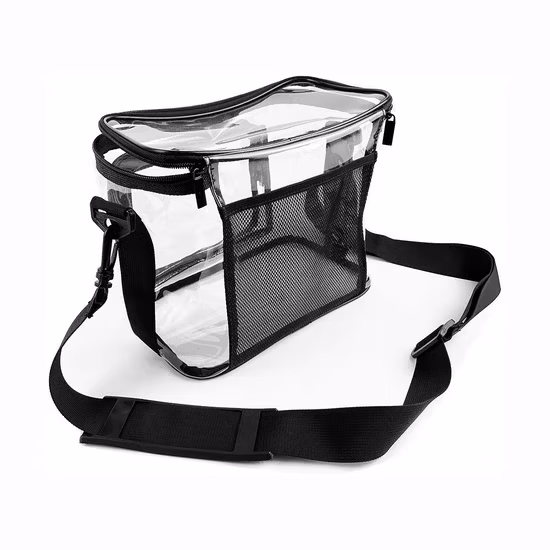 Bolsa de almuerzo transparente personalizada con bolsa frontal con cremallera y correa ajustable